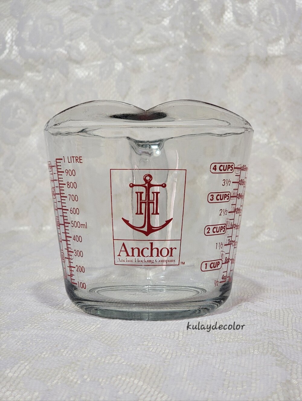 Anchor Hocking 4 Cup 1 Quart Glass Measuring Cup Red Lettering 32 oz 1 Liter